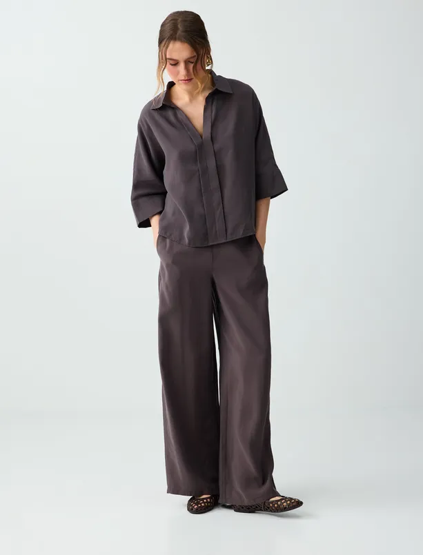 Bayan Kahverengi Gömlek Yaka Truvakar Kol Modal Dokuma Bluz