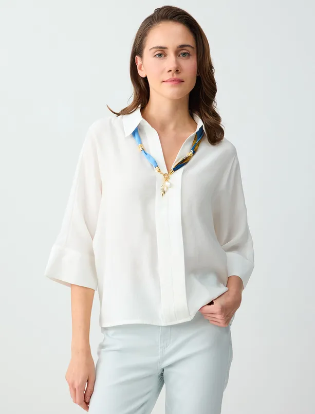 Bayan  Gömlek Yaka Truvakar Kol Modal Dokuma Bluz