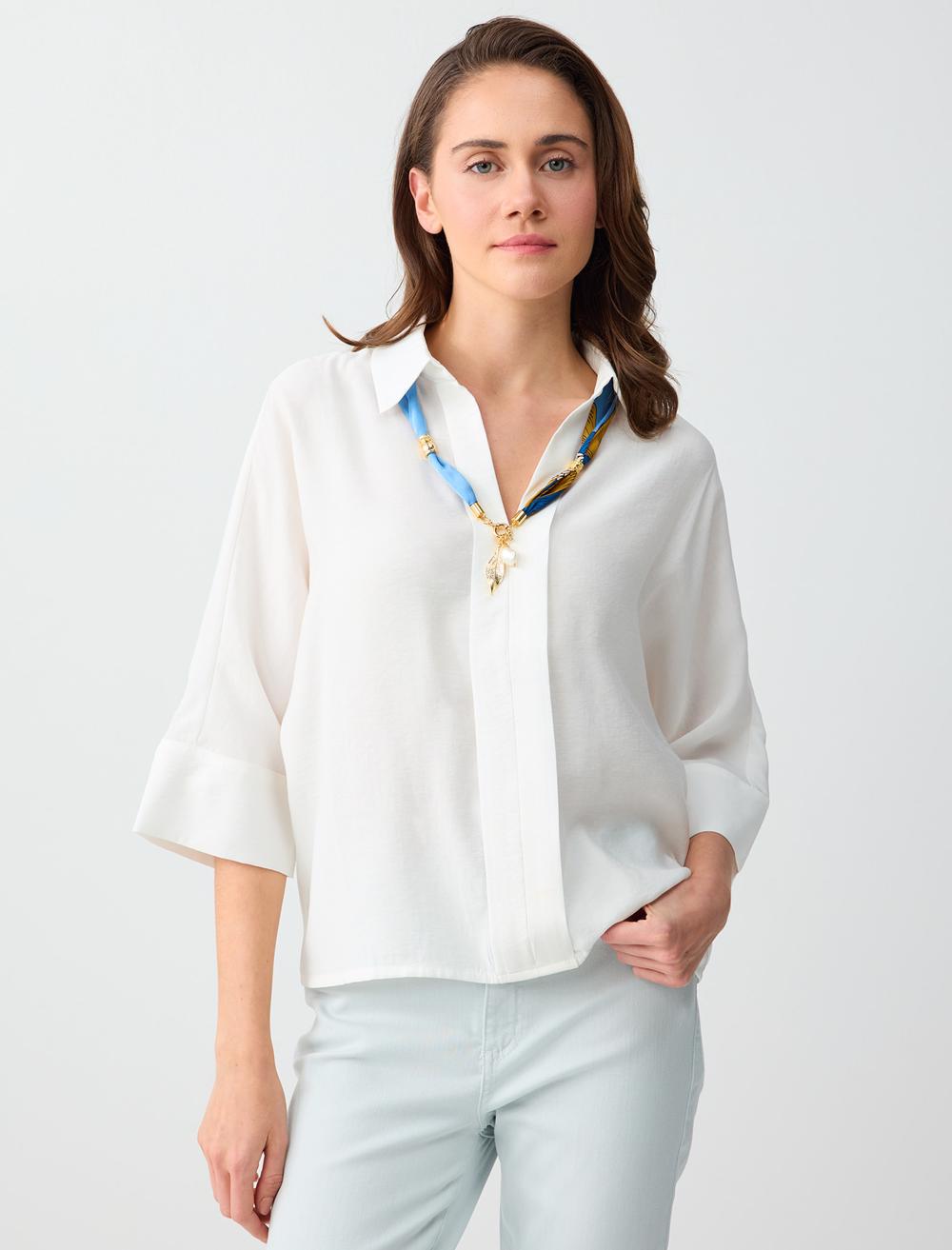 Gömlek Yaka Truvakar Kol Modal Dokuma Bluz