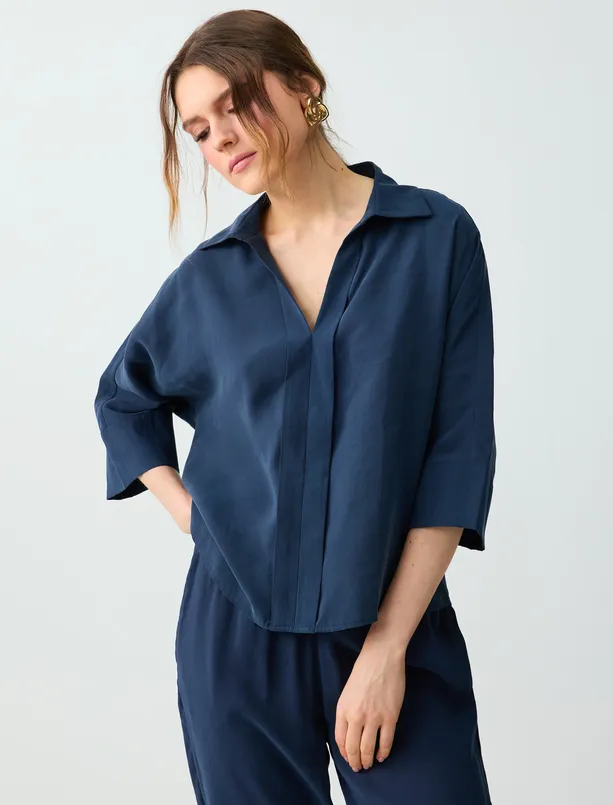 Bayan  Gömlek Yaka Truvakar Kol Modal Dokuma Bluz