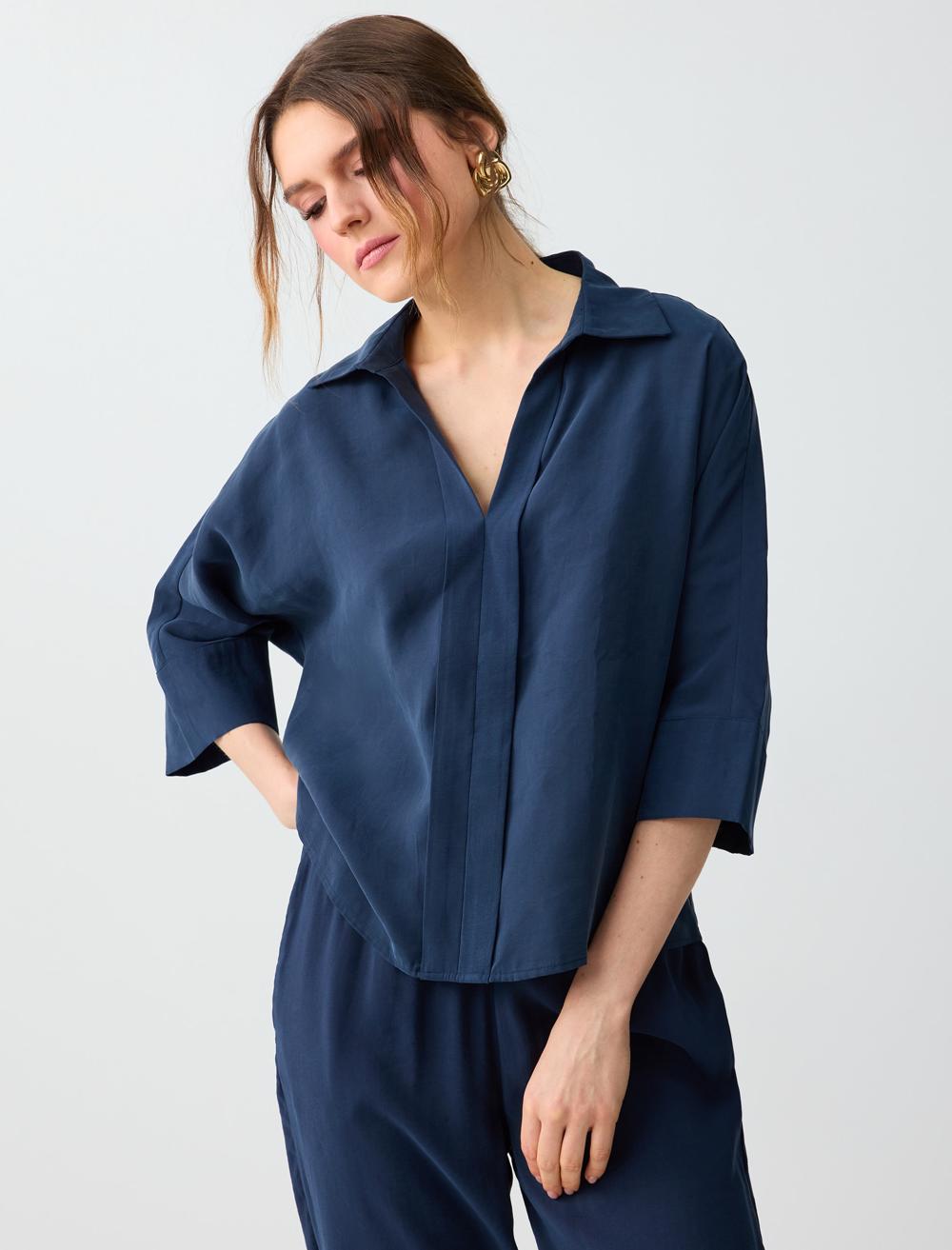 Gömlek Yaka Truvakar Kol Modal Dokuma Bluz