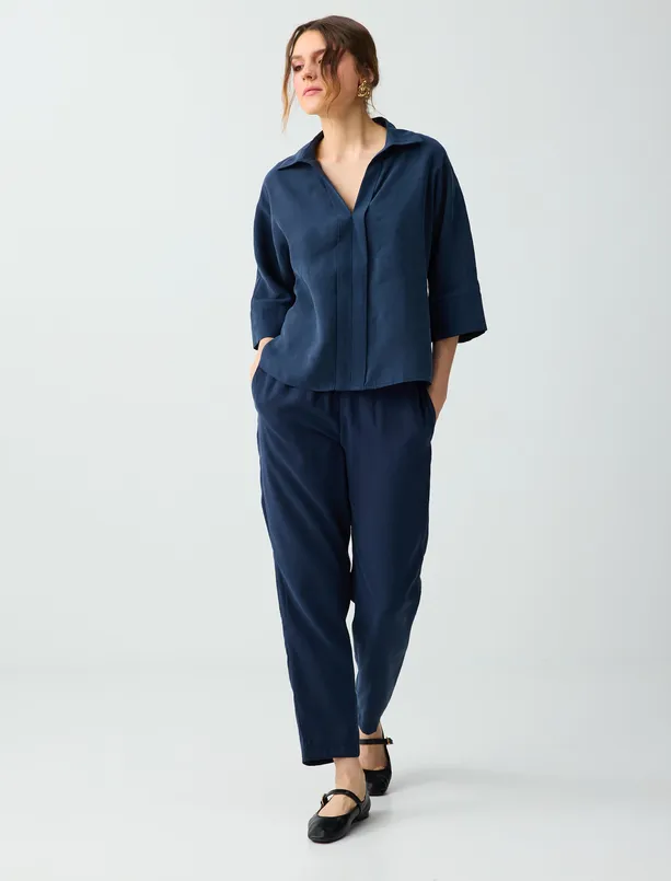 Bayan Lacivert Gömlek Yaka Truvakar Kol Modal Dokuma Bluz