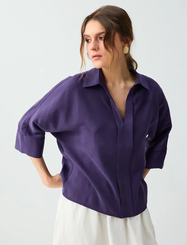 Bayan  Gömlek Yaka Truvakar Kol Modal Dokuma Bluz