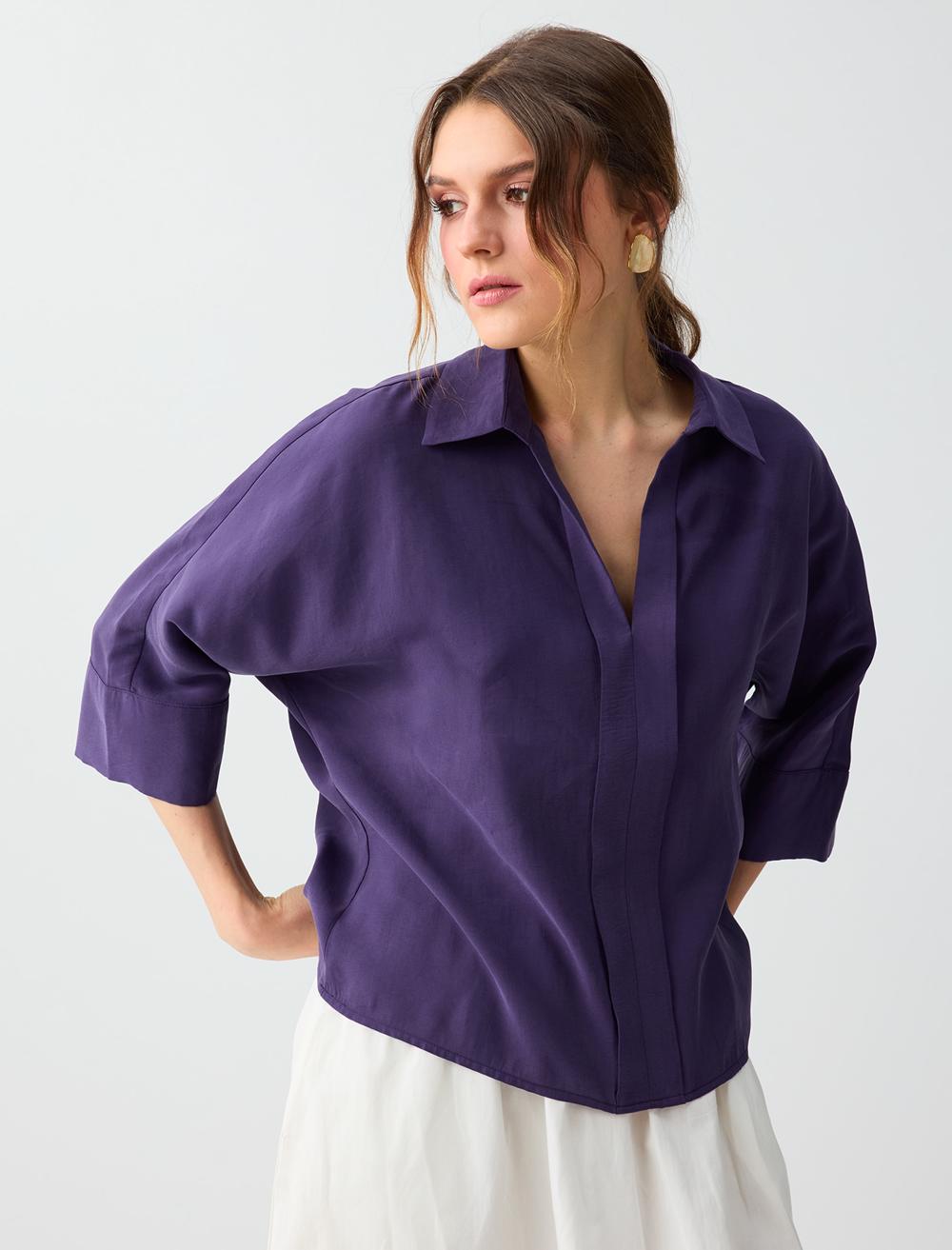 Gömlek Yaka Truvakar Kol Modal Dokuma Bluz