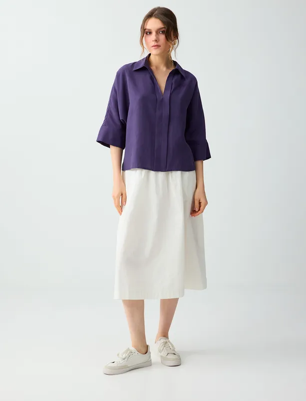 Bayan Mor Gömlek Yaka Truvakar Kol Modal Dokuma Bluz