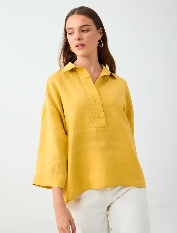 Women  100% Linen Relaxed Fit Trouser Sleeve Shirt Collar Blouse