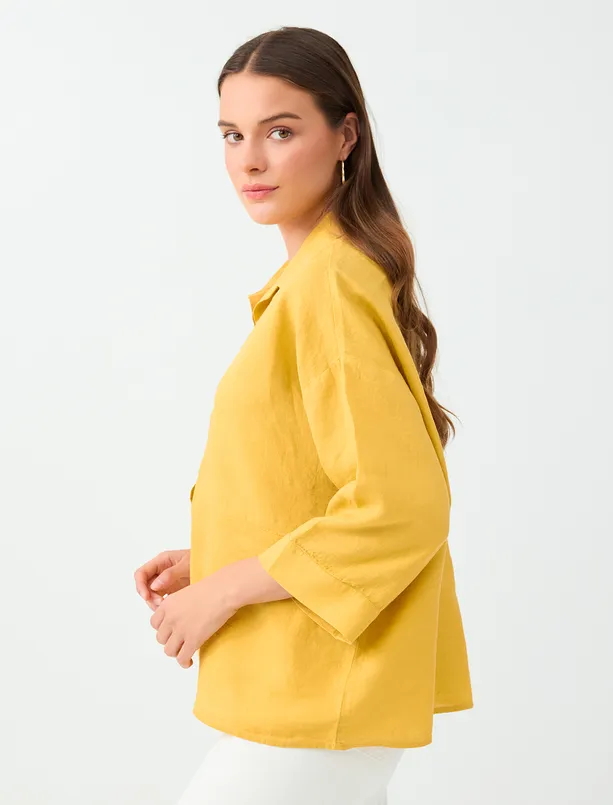 Women Mustard 100% Linen Relaxed Fit Trouser Sleeve Shirt Collar Blouse
