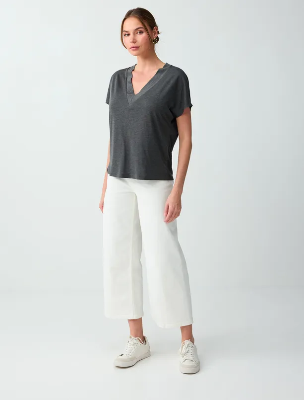 Bayan Antrasit Düşük Omuz V Yaka Tişört