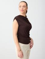 Kahverengi Asimetrik Yaka Düşük Omuz Dar Kesim Örme Bluz Kombini