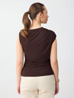 Kahverengi Asimetrik Yaka Düşük Omuz Dar Kesim Örme Bluz Kombini