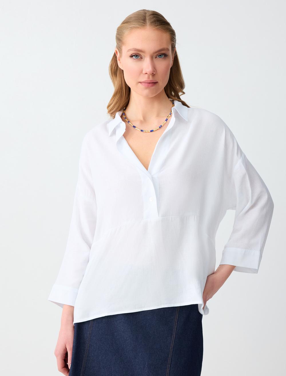 Keten Karışımlı Truvakar Kol Gömlek Yaka Bluz