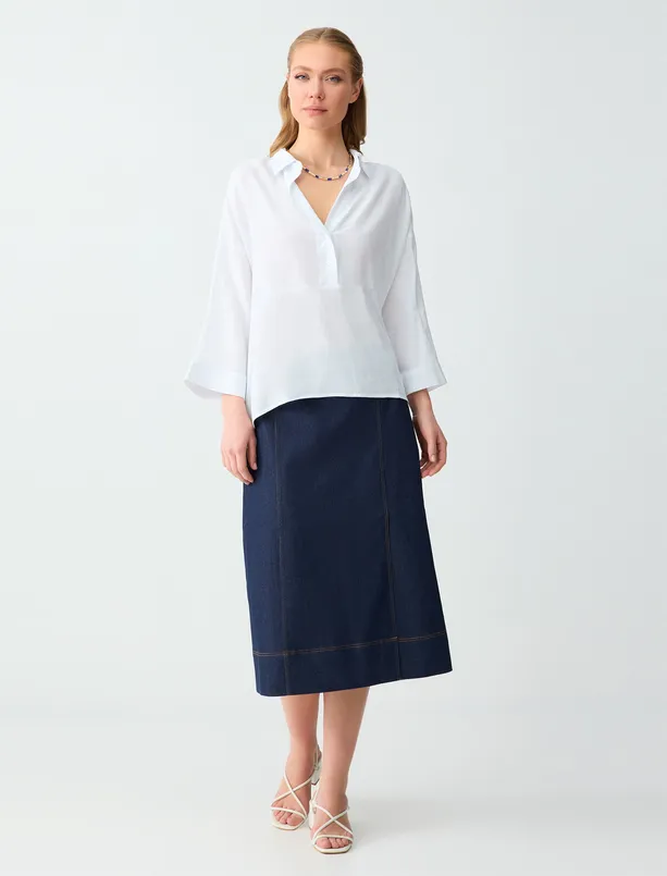 Bayan Beyaz Keten Karışımlı Truvakar Kol Gömlek Yaka Bluz