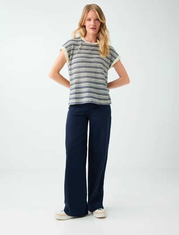 Women Blue Crew-Neck, Off-the-Shoulder Patterned Blouse