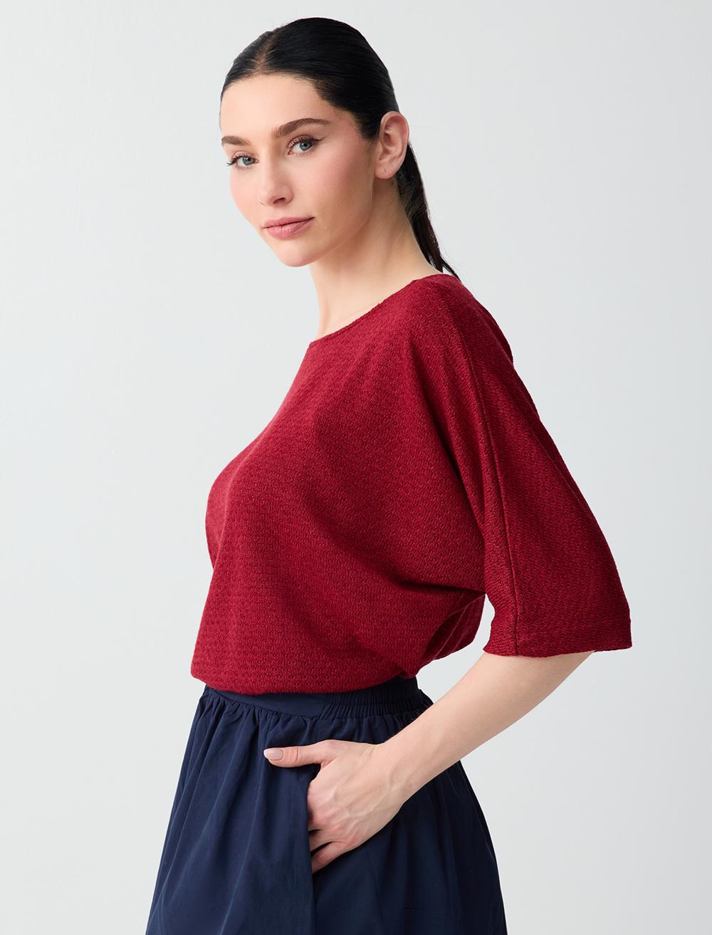 Yuvarlak Yaka Truvakar Kol Rahat Kesim Örme Bluz