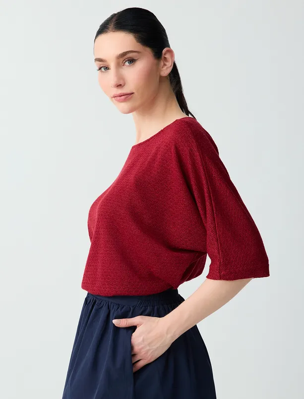 Bayan  Yuvarlak Yaka Truvakar Kol Rahat Kesim Örme Bluz