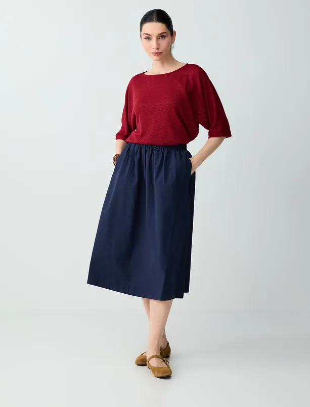 Women Claret Red Round Neck Trouser Sleeve Relaxed Fit Knitted Blouse