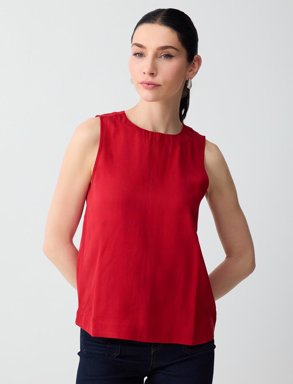 Bisiklet Yaka Kolsuz Düz Kesim Dokuma Bluz