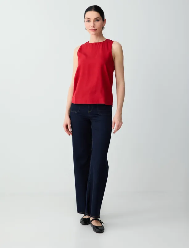 Bayan Kırmızı Bisiklet Yaka Kolsuz Düz Kesim Dokuma Bluz