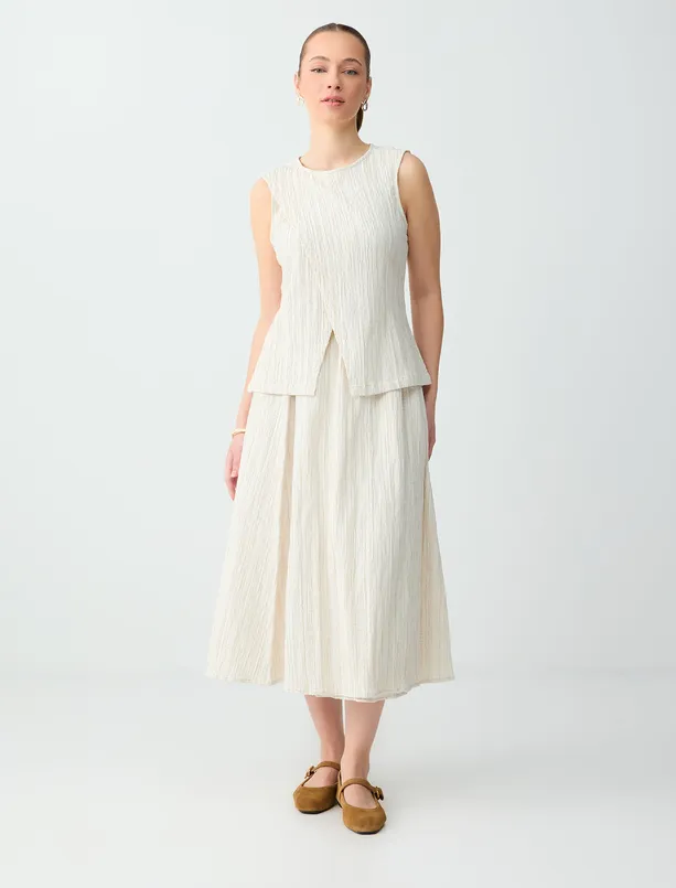 Bayan Bej Melanj Dar Kesim Bisiklet Yaka Kolsuz Pamuklu Dokuma Bluz