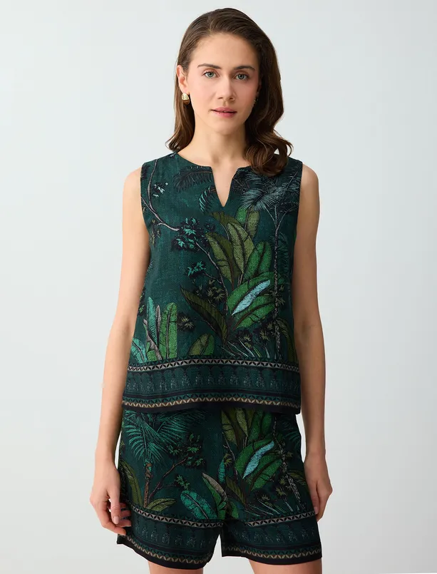 Bayan  Keten Karışımlı V Yaka Kolsuz Desenli Dokuma Bluz