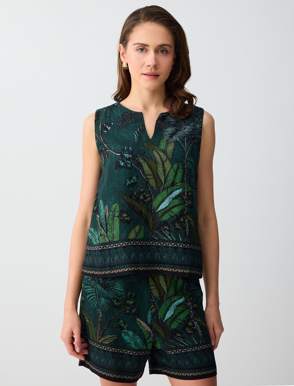 Keten Karışımlı V Yaka Kolsuz Desenli Dokuma Bluz