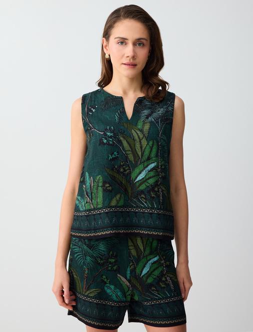 Keten Karışımlı V Yaka Kolsuz Desenli Dokuma Bluz Kombini