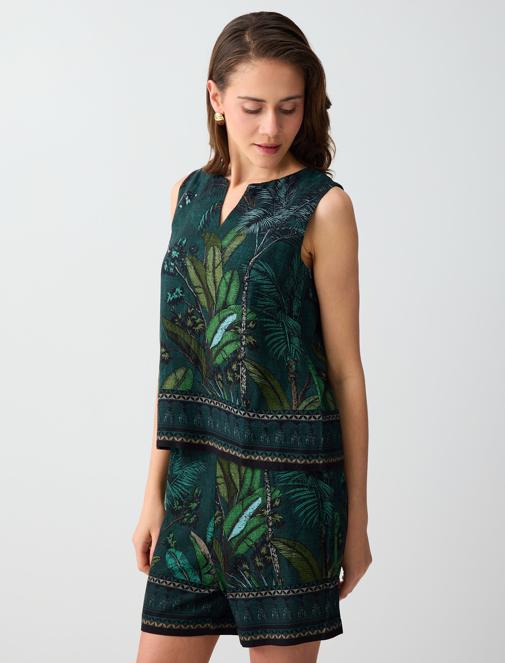 Keten Karışımlı V Yaka Kolsuz Desenli Dokuma Bluz Kombini