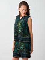 Keten Karışımlı V Yaka Kolsuz Desenli Dokuma Bluz Kombini