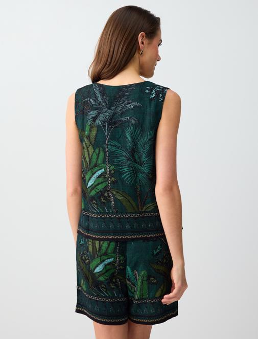 Keten Karışımlı V Yaka Kolsuz Desenli Dokuma Bluz Kombini