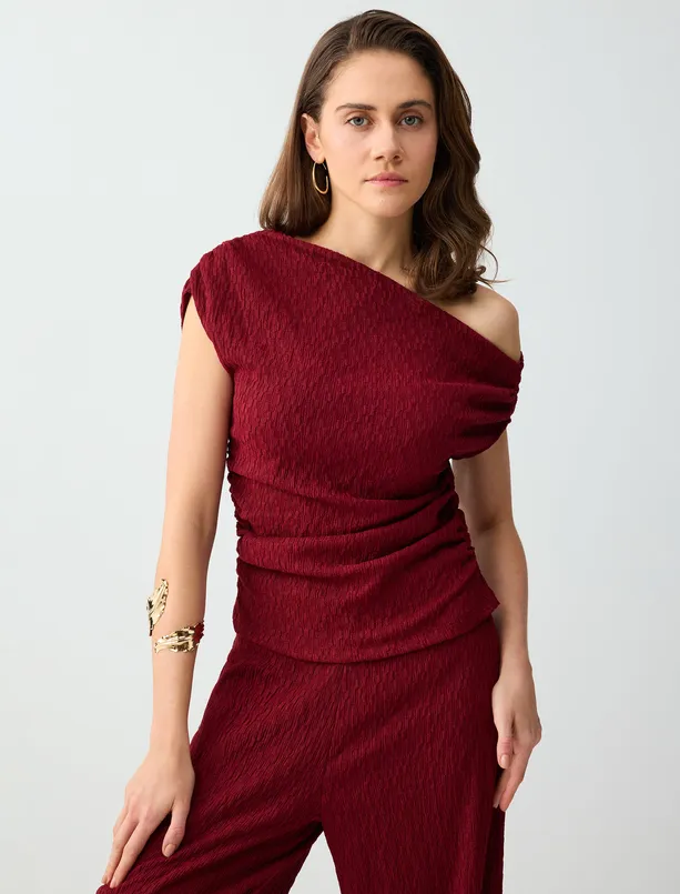 Bayan  Dar Kesim Tek Omuz Asimetrik Yaka Örme Bluz