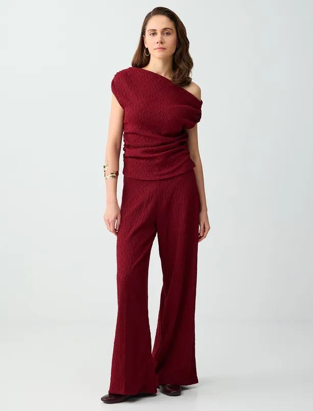 Bayan Bordo Dar Kesim Tek Omuz Asimetrik Yaka Örme Bluz