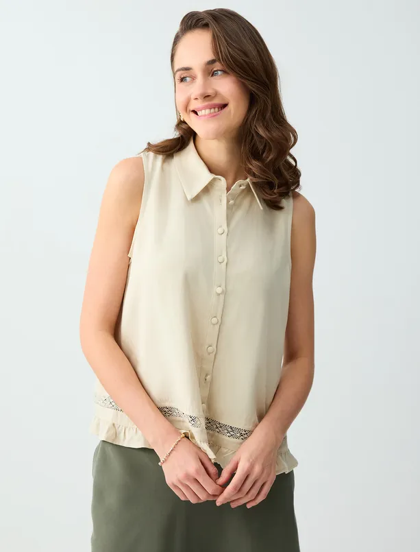 Bayan  Keten Karışımlı Gömlek Yaka Kolsuz Bluz