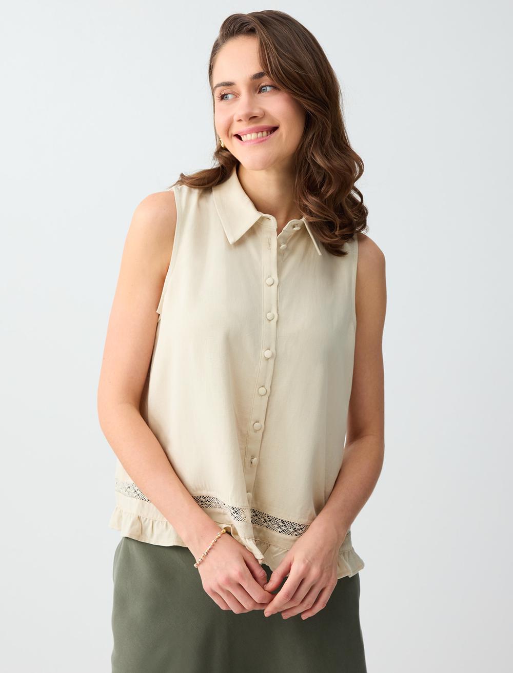 Keten Karışımlı Gömlek Yaka Kolsuz Bluz