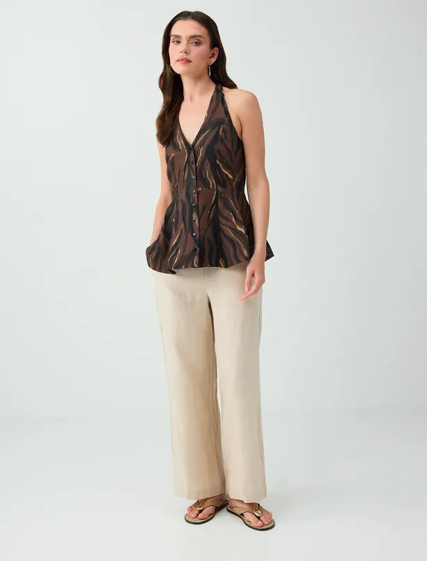 Women Brown Linen Blend Halter Neck Patterned Blouse