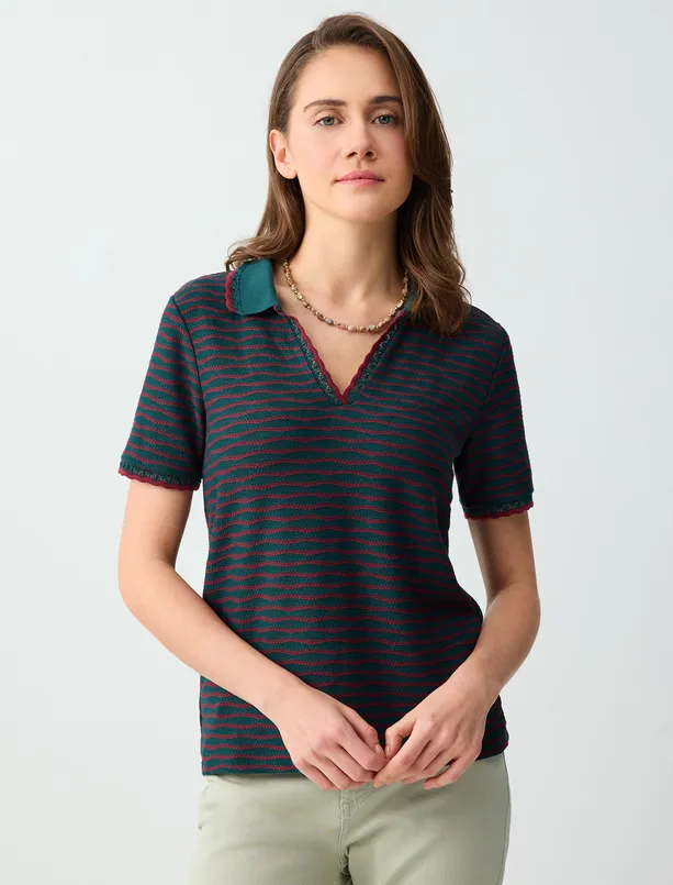 Bayan  Kısa Kollu Polo Yaka Desenli Örme Bluz