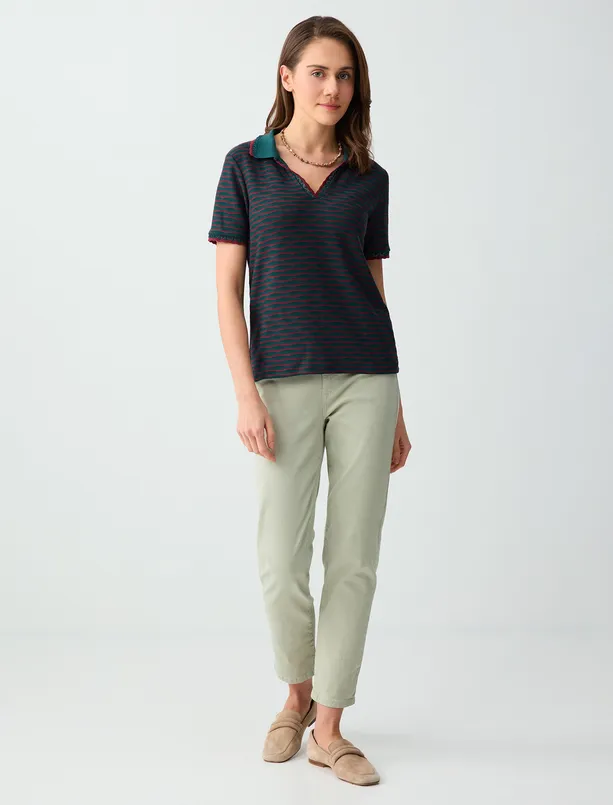 Bayan Koyu Yeşil Kısa Kollu Polo Yaka Desenli Örme Bluz