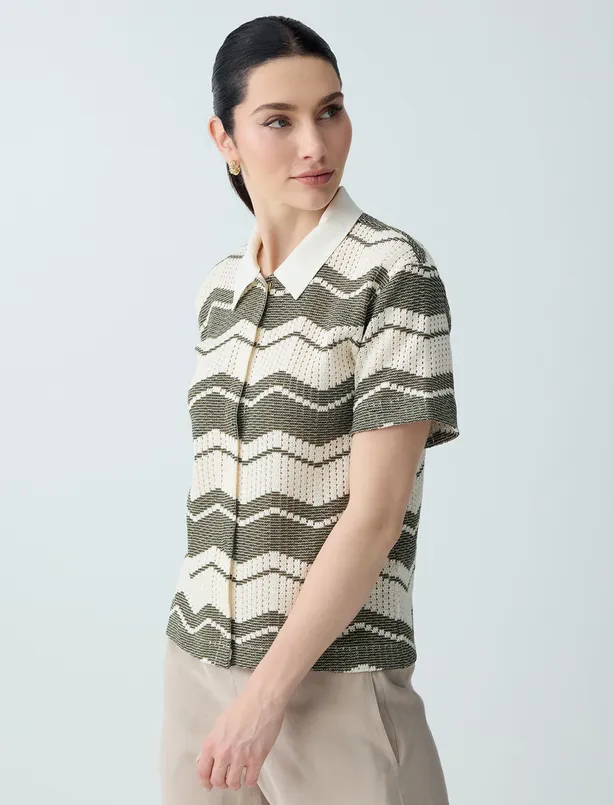 Bayan  Polo Yaka Kısa Kollu Çizgi Desenli Jakarlı Örme Bluz