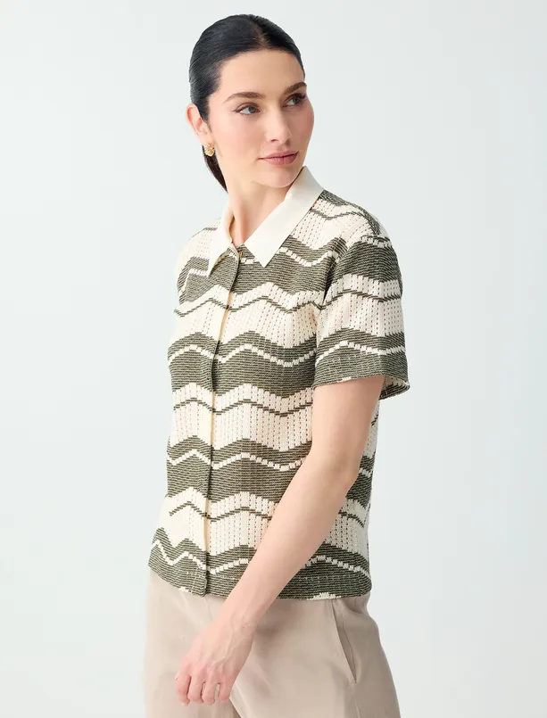 Bayan  Polo Yaka Kısa Kollu Çizgi Desenli Jakarlı Örme Bluz