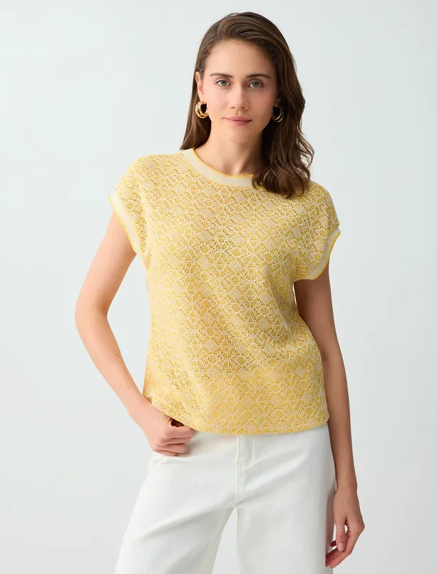 Bayan  Yuvarlak Yaka Düşük Omuz Jakarlı Örme Bluz