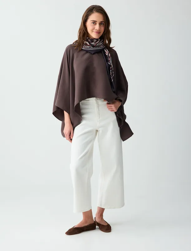 Women Brown Relaxed Fit V Neck Bat Sleeve Modal Woven Blouse