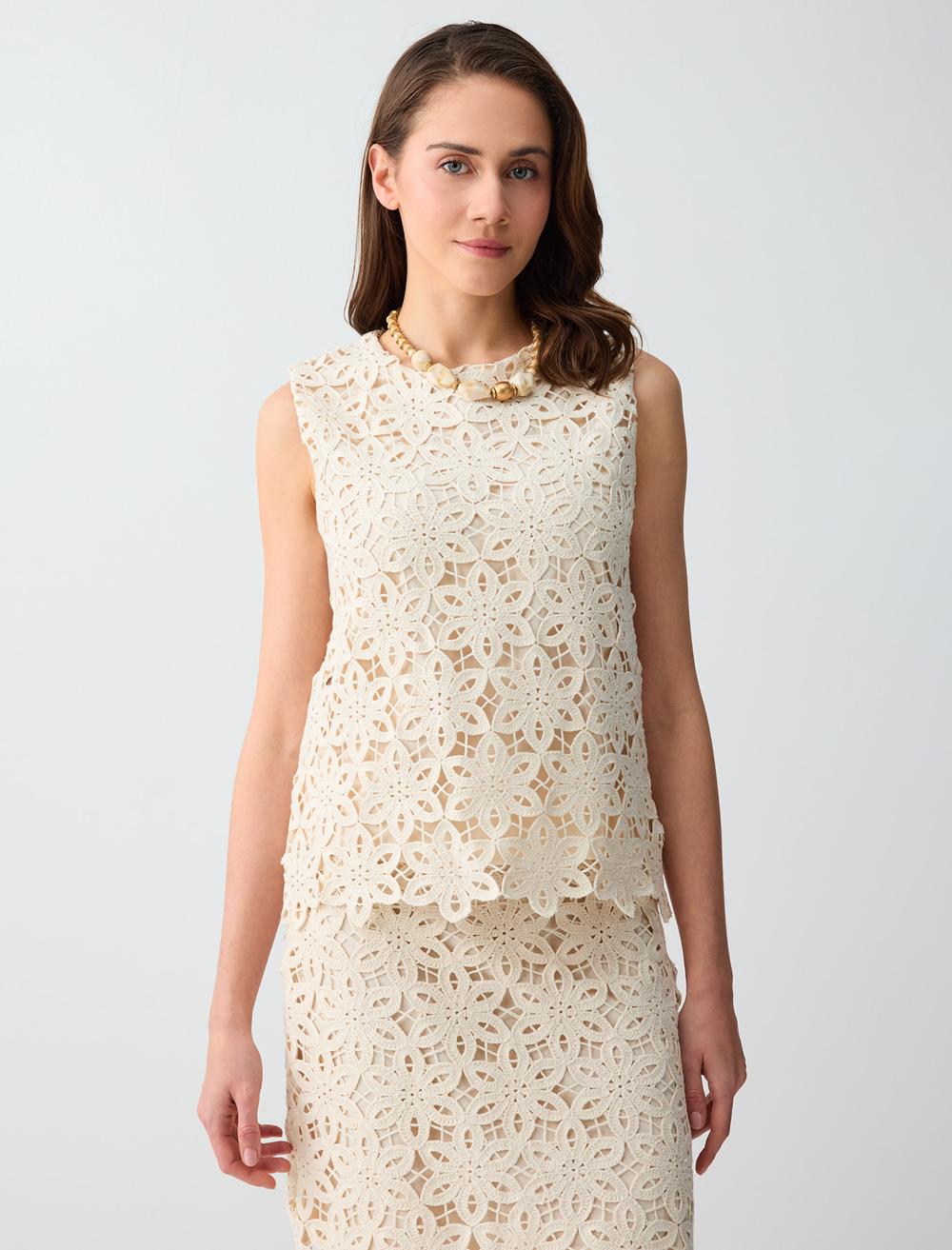 %100 Pamuk Yuvarlak Yaka Dantel Detaylı Örme Bluz