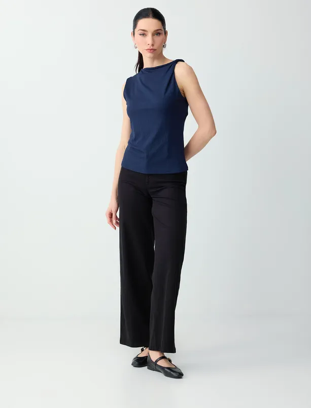 Women Dark Blue Zero Neck Sleeveless Slim Fit Knitted Blouse