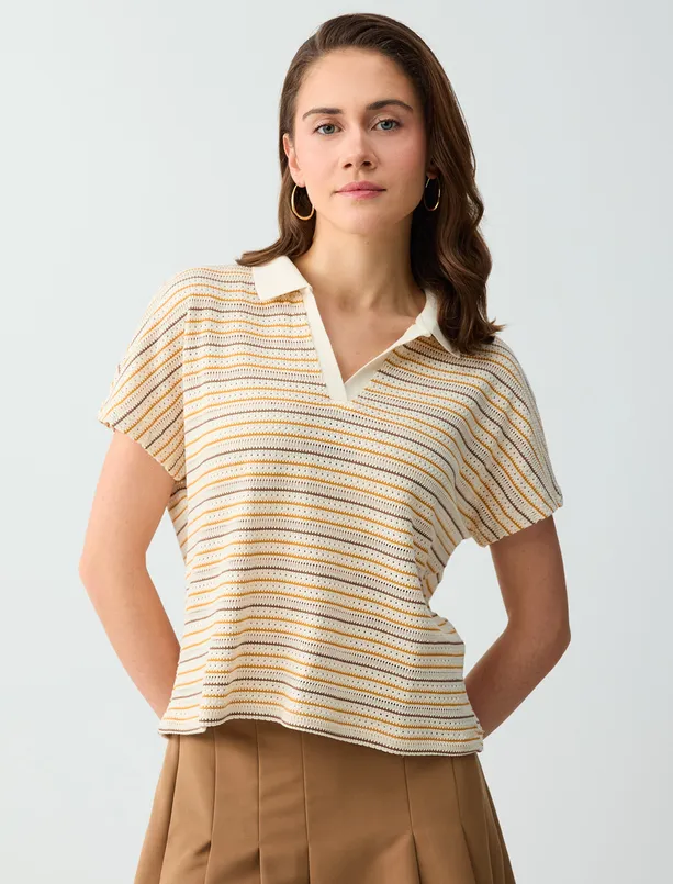 Bayan  Polo Yaka Kısa Kollu Pamuklu Çizgili Örme Bluz