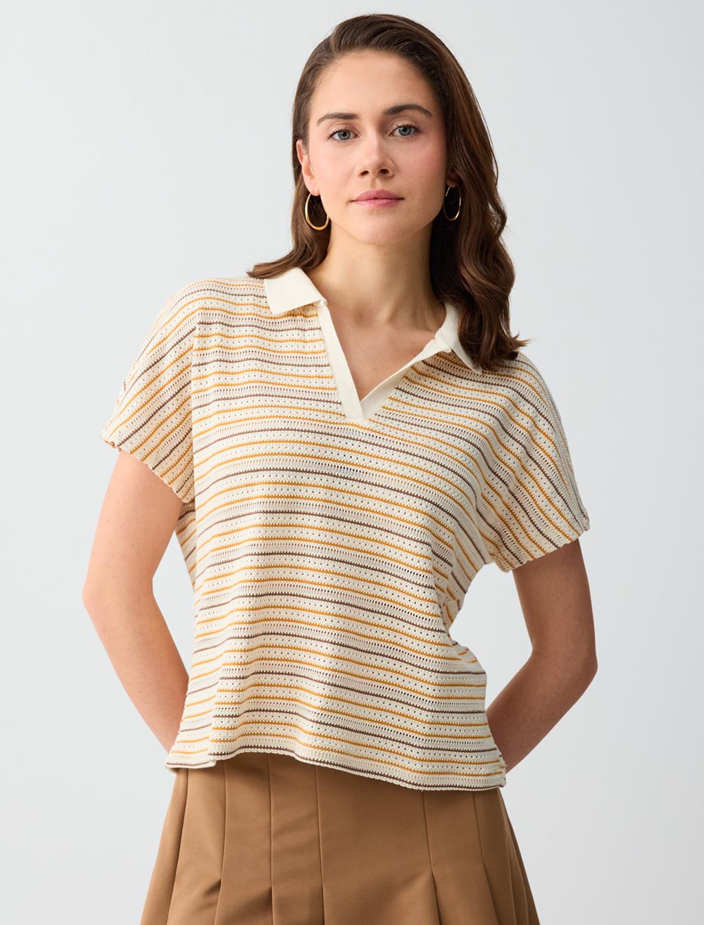 Polo Yaka Kısa Kollu Pamuklu Çizgili Örme Bluz