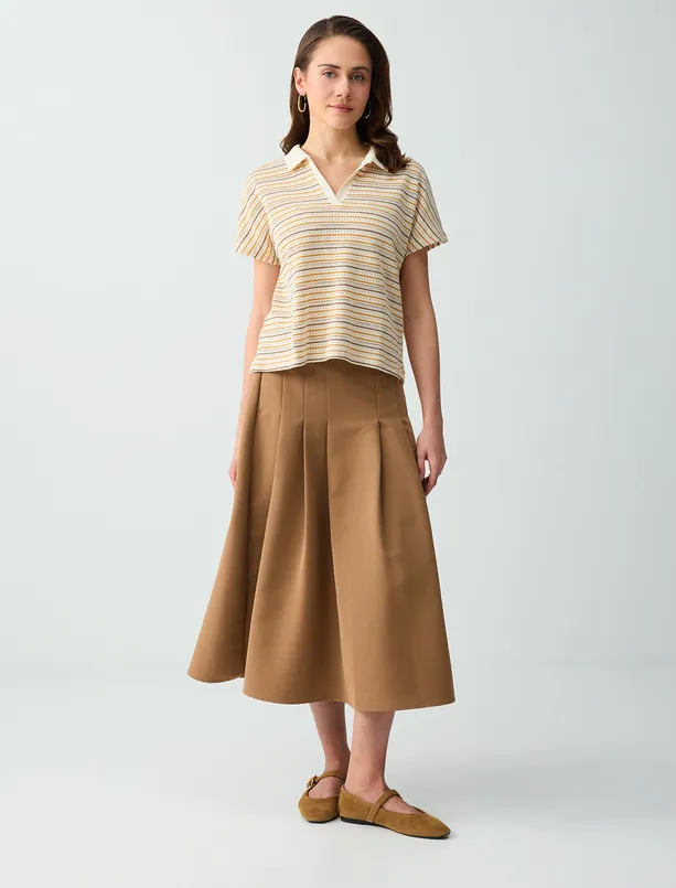 Bayan Beyaz Polo Yaka Kısa Kollu Pamuklu Çizgili Örme Bluz