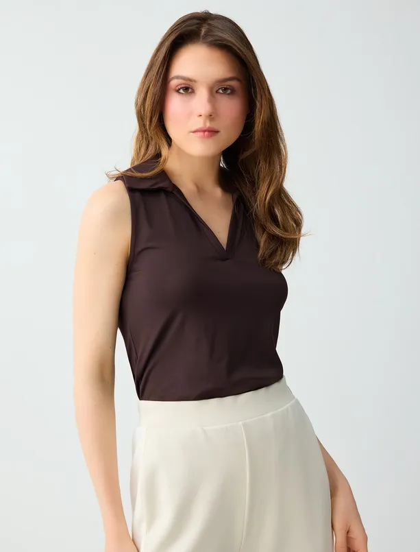 Bayan  Polo Yaka Kolsuz Dar Kesim Örme Bluz