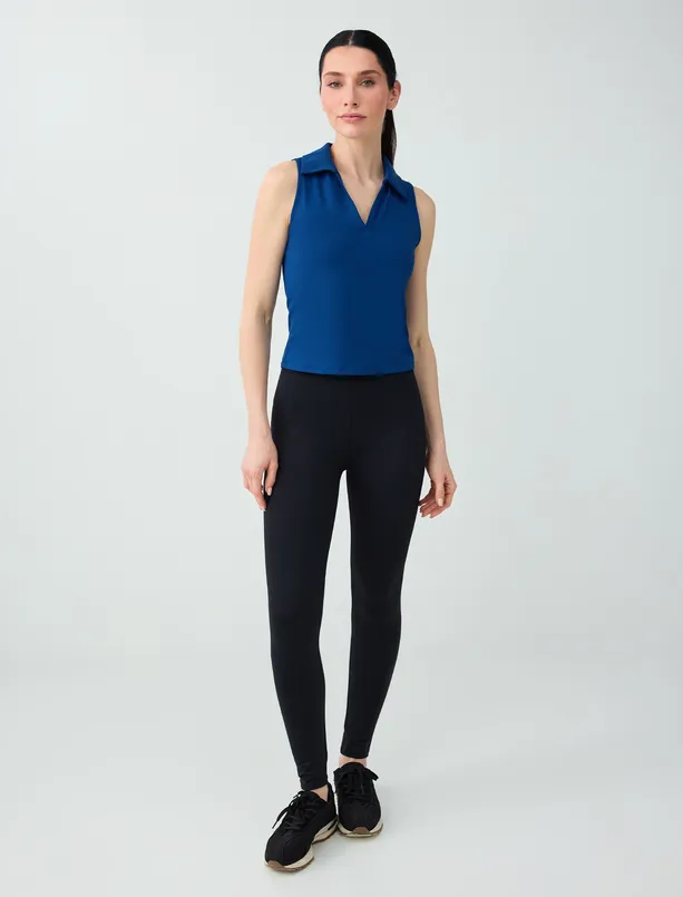 Women Blue Polo Collar Sleeveless Slim Fit Knitted Blouse