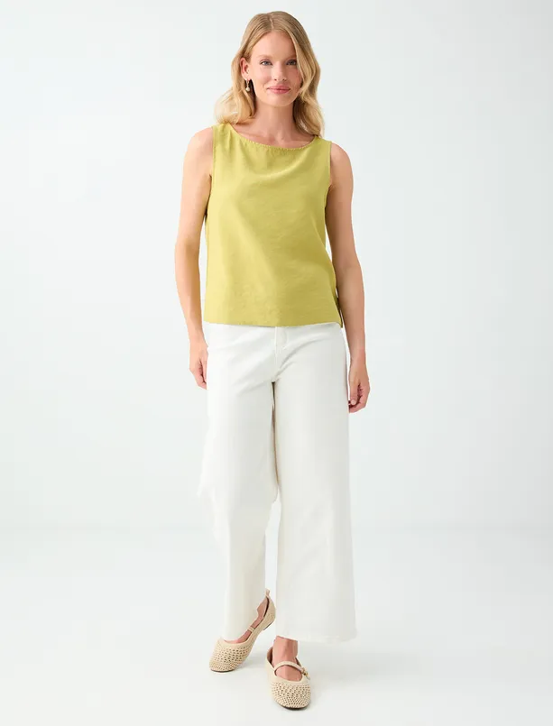 Women Oil Green Round Neck Woven Blouse