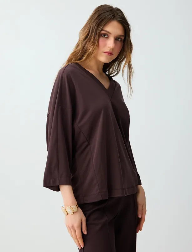 Bayan  Rahat Kesim V Yaka Truvakar Kol Örme Modal Bluz