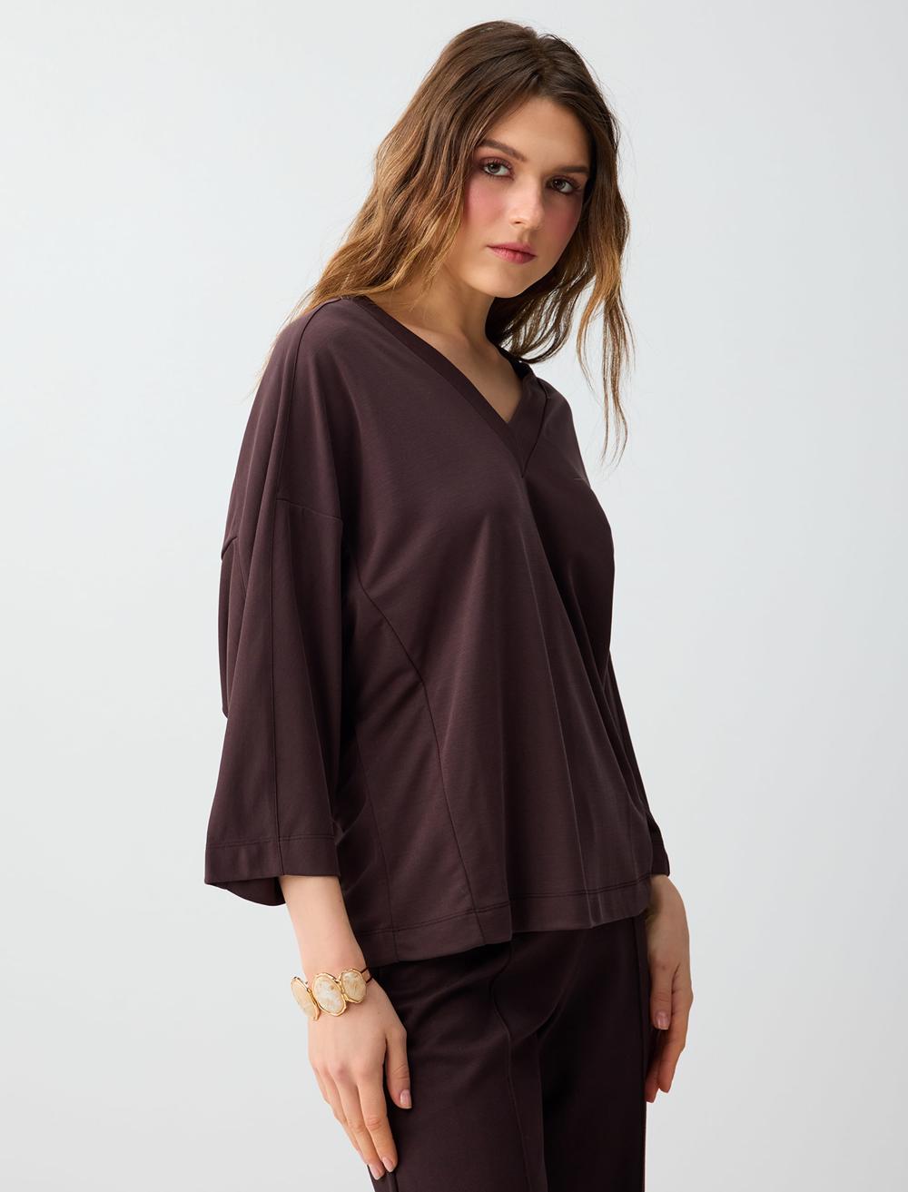Rahat Kesim V Yaka Truvakar Kol Örme Modal Bluz